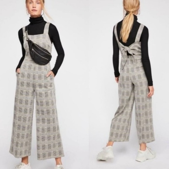 Free People Houndstooth Plaid Wide Leg Jumpsuit Grey Black Back Tie Sz 0 / XS - Picture 1 of 16